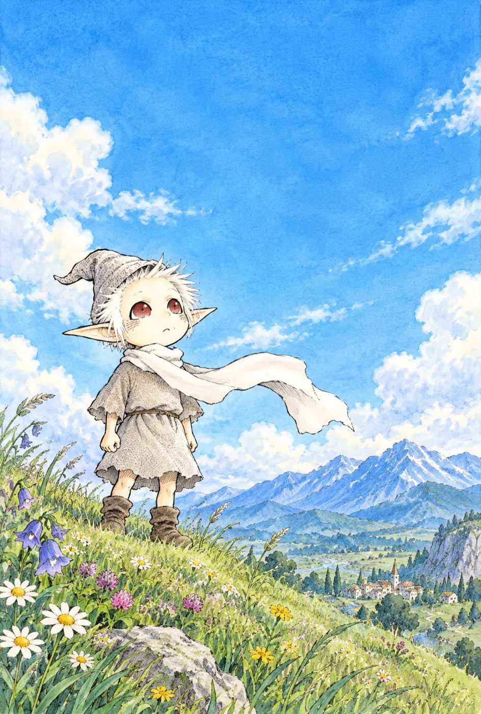 Watercolor of Peekaf, a small boy with a floppy pointed cap, spiky white hair, big red eyes and a white scarf, standing on a sunny hillside