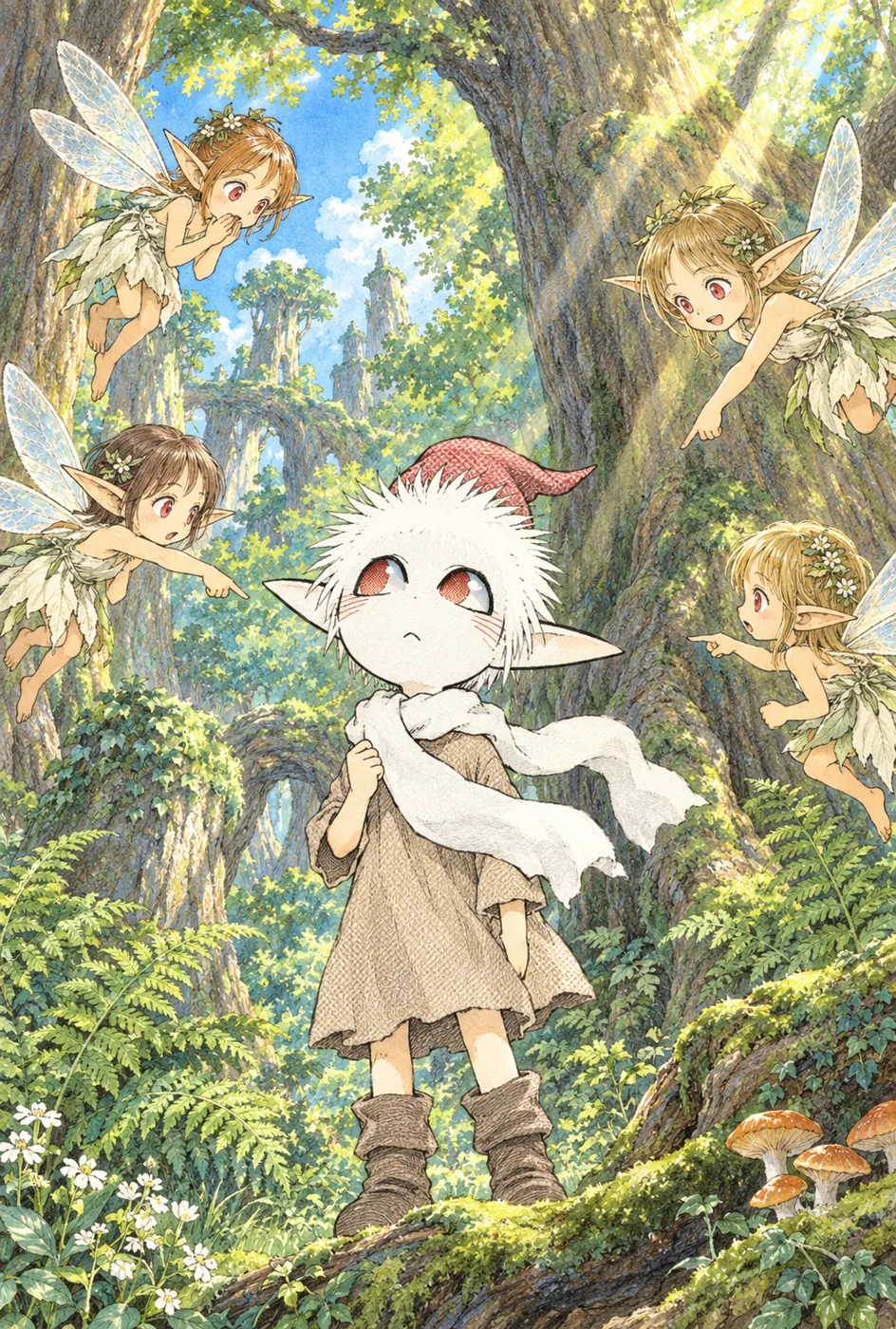 Tiny winged elves with red eyes hover around Peekaf in a sunlit forest, pointing at his back