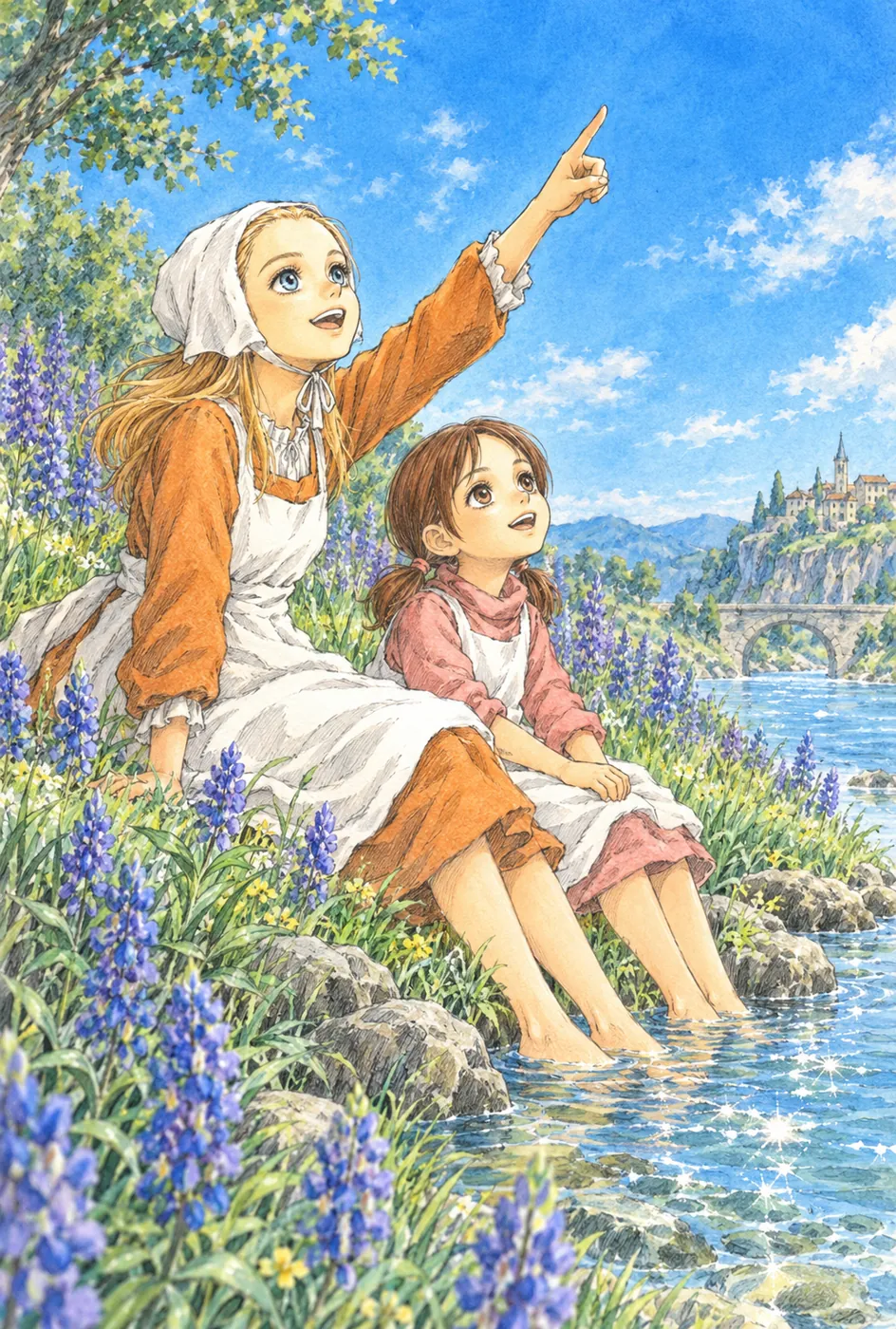 Rosine and Jill as children by a river under a bright blue sky