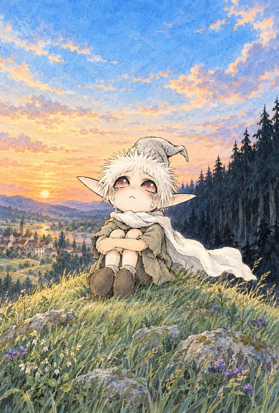 Peekaf hugging his knees and crying on a grassy hill at sunset, the village on one side and a dark forest on the other