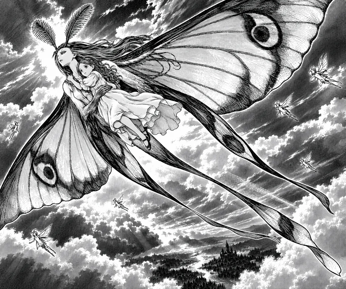 Ink drawing: Rosine in her luna-moth form flies high above the clouds, carrying Jill in her arms