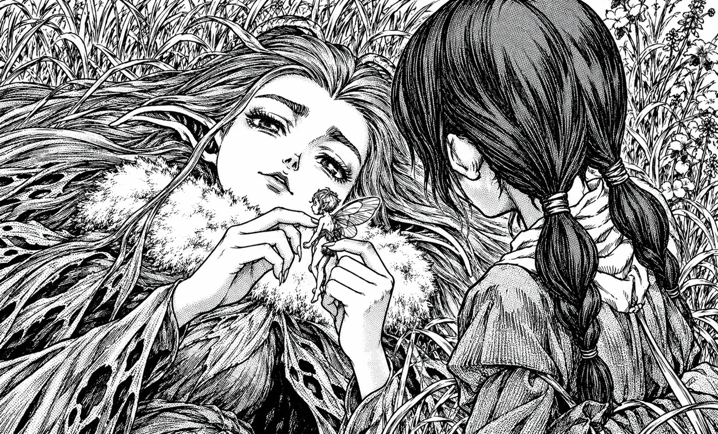Ink drawing: Rosine lying in tall grass gazes at a tiny winged elf perched on her fingers while Jill kneels beside her