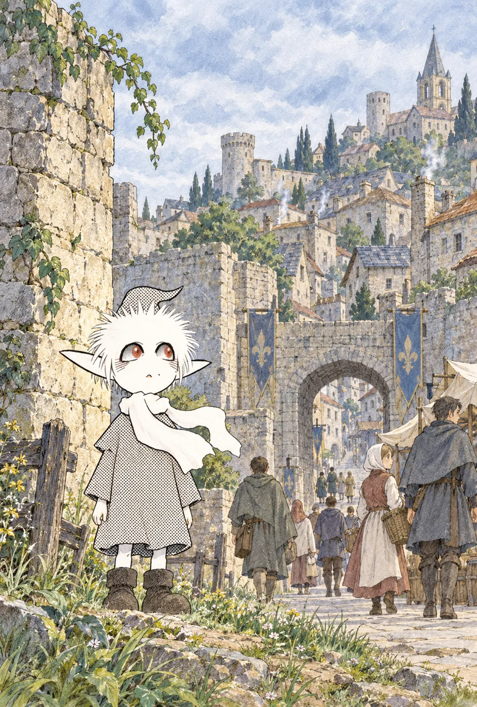 Peekaf standing alone at a village gate while strangers walk past without noticing him
