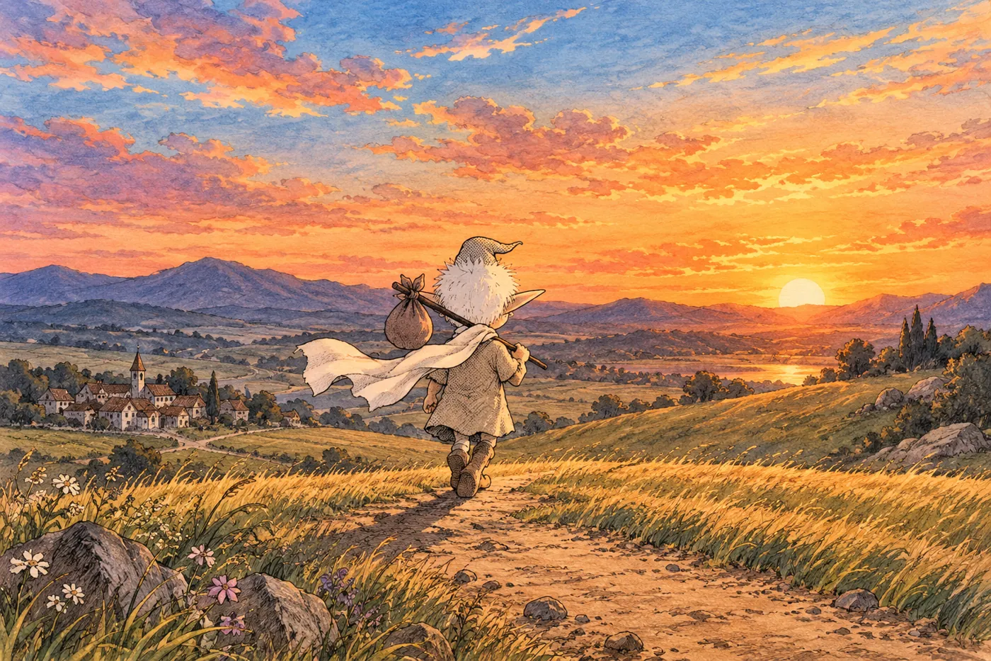 Peekaf walking away down a dirt road at sunset with a bundle on a stick, his scarf blowing