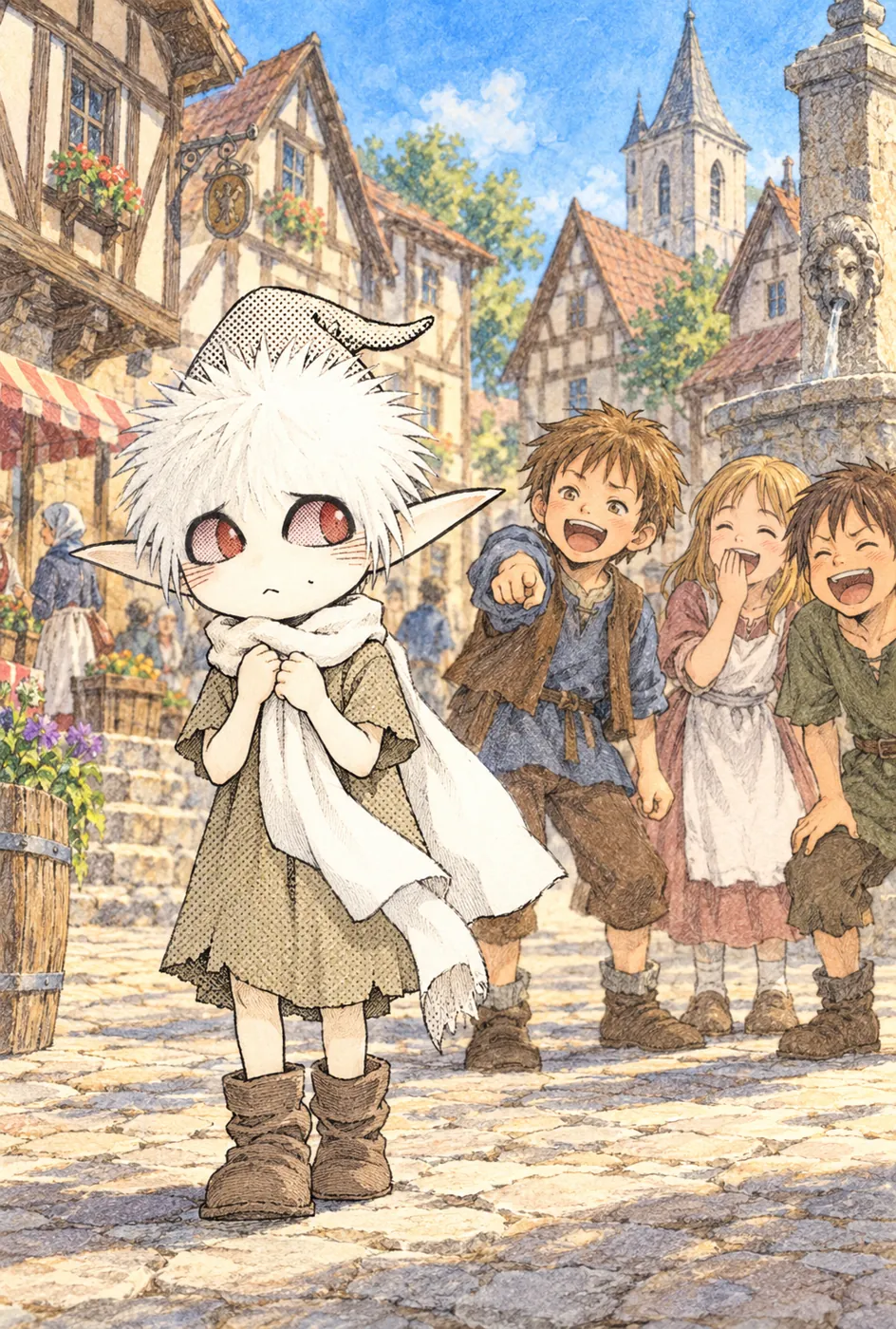 Peekaf, with his pointed cap and red eyes, being laughed at by village children in a cobbled street